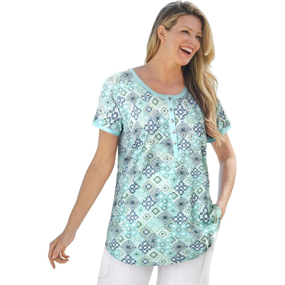 image:imageWoman Within Plus Size Knit Henley TunicSeamist Blue Tile Patchwork