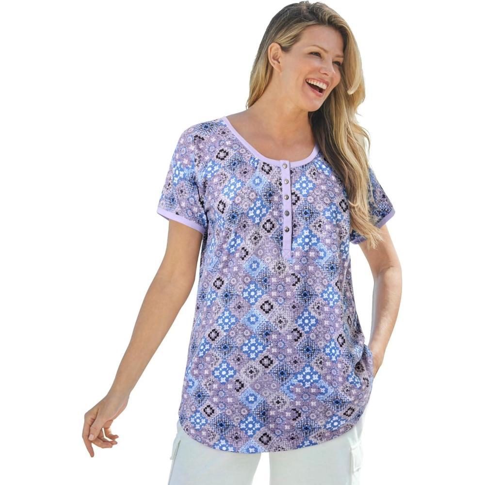 image:imageWoman Within Plus Size Knit Henley TunicSoft Iris Tile Patchwork