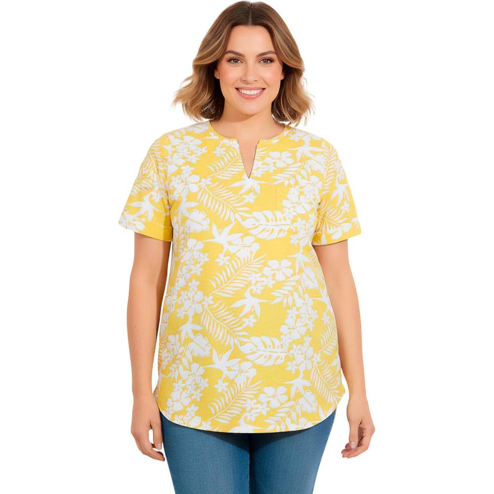 image:imageWoman Within Plus Size NotchNeck Pocket TeePrimrose Yellow Palms