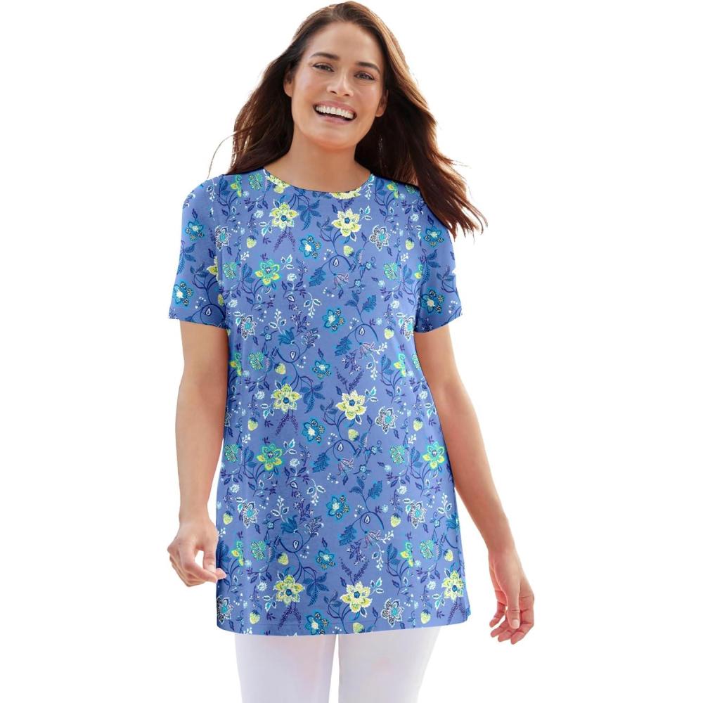 image:imageWoman Within Plus Size Perfect Printed Crewneck TunicFrench Blue Jacquard Floral