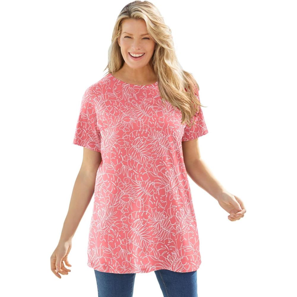 image:imageWoman Within Plus Size Perfect Printed Crewneck TunicSweet Coral Palm