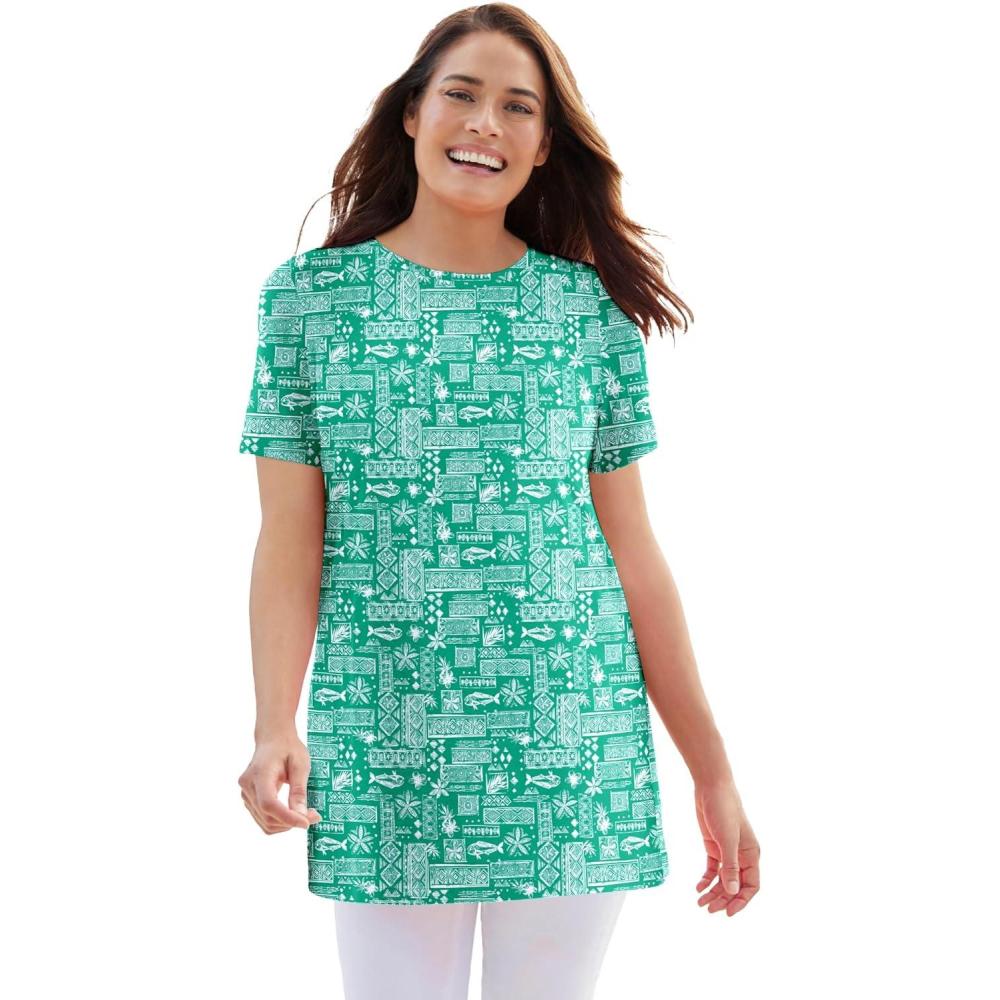 image:imageWoman Within Plus Size Perfect Printed Crewneck TunicTropical Green Island Stamp