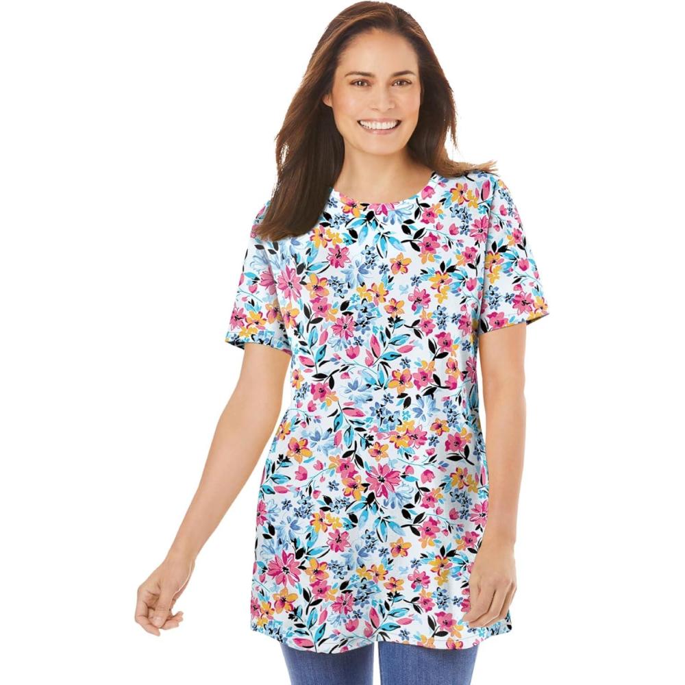 image:imageWoman Within Plus Size Perfect Printed Crewneck TunicWhite Painterly Bloom