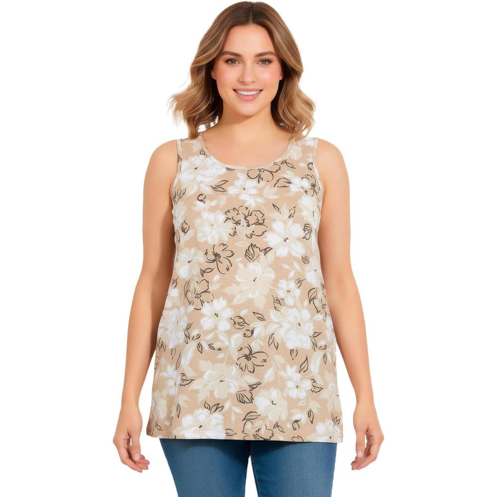 image:imageWoman Within Plus Size Perfect Printed Scoopneck TankNew Khaki Bloom