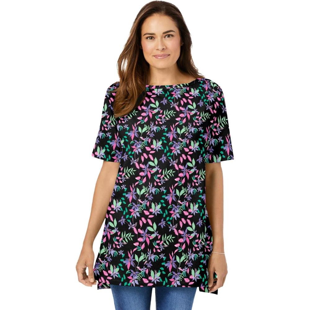 image:imageWoman Within Plus Size Perfect Printed ShortSleeve Boatneck TunicBlack Multi Floral