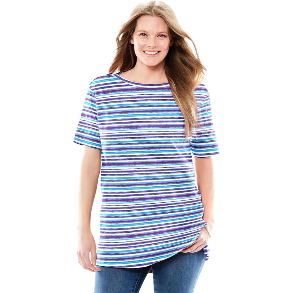 image:imageWoman Within Plus Size Perfect Printed ShortSleeve Boatneck TunicPurple Orchid Painterly Stripe