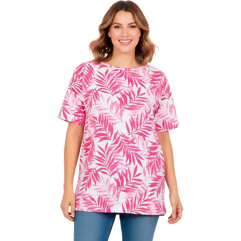 image:imageWoman Within Plus Size Perfect Printed ShortSleeve Boatneck TunicRaspberry Palm Leaves