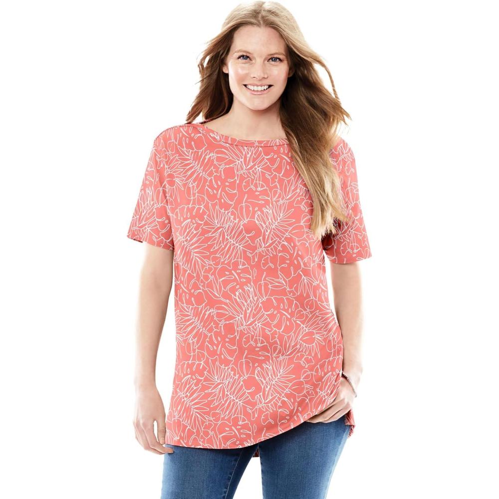 image:imageWoman Within Plus Size Perfect Printed ShortSleeve Boatneck TunicSweet Coral Palm