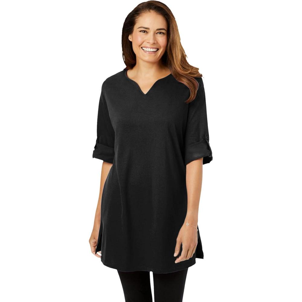 image:imageWoman Within Plus Size Perfect RollTabSleeve NotchNeck TunicBlack