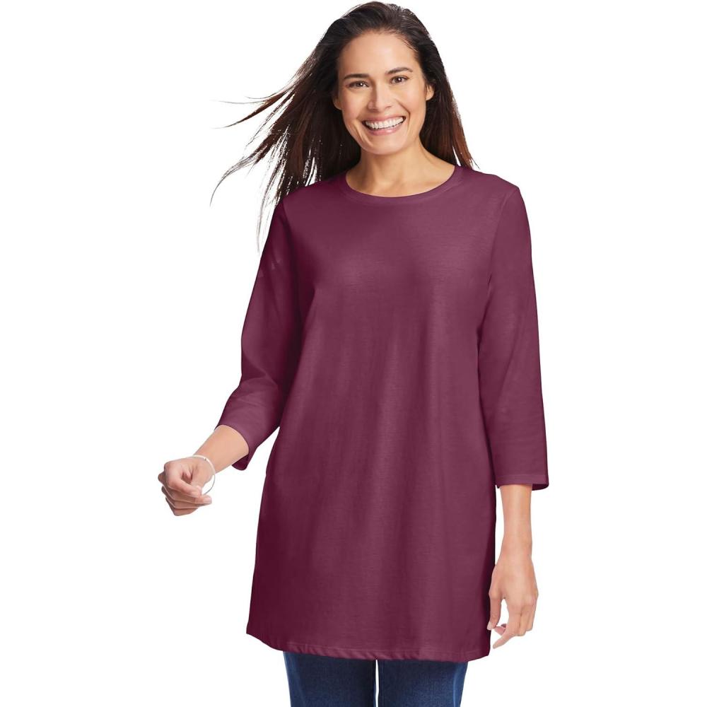 image:imageWoman Within Plus Size Perfect ThreeQuarter Sleeve Crewneck TunicDeep Claret