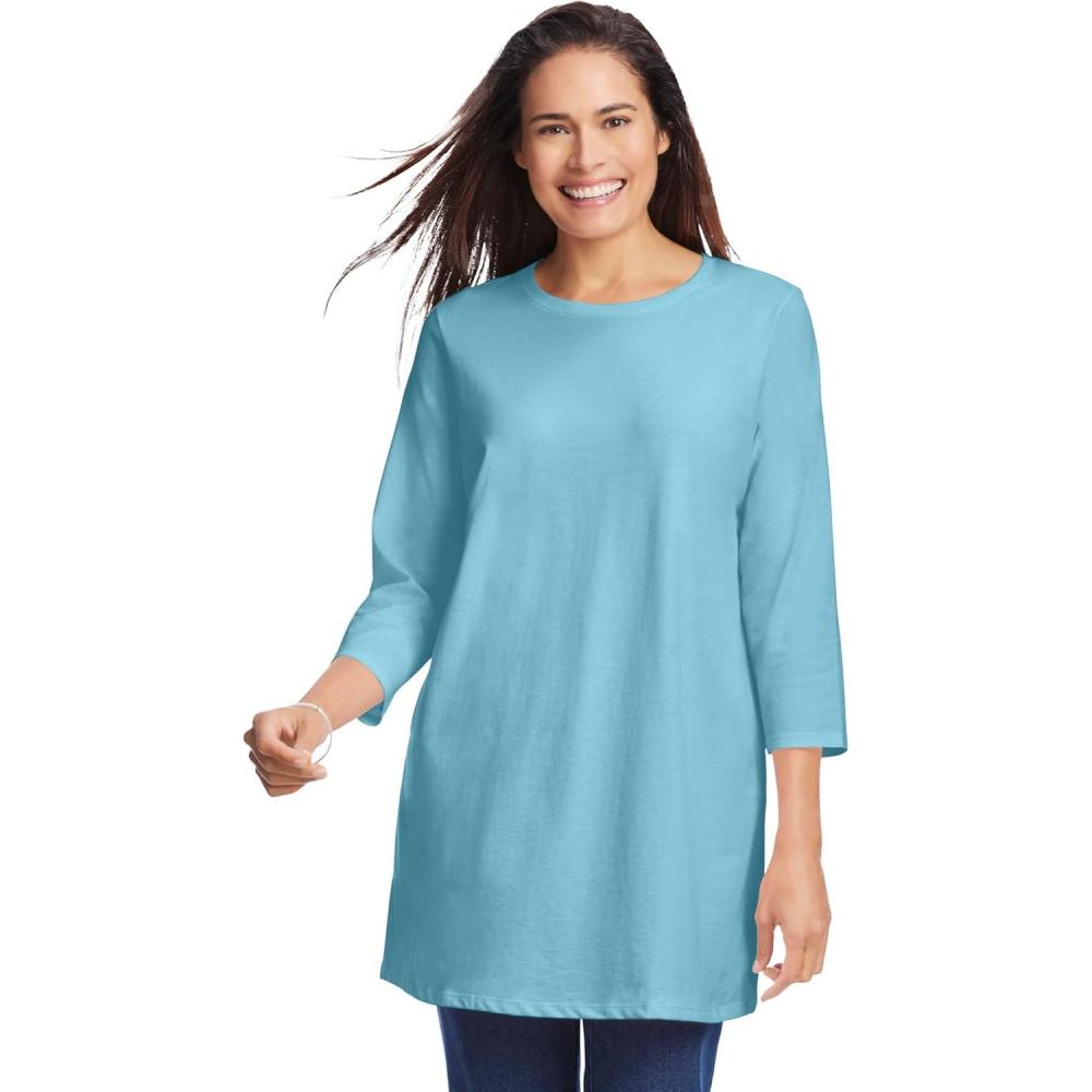 image:imageWoman Within Plus Size Perfect ThreeQuarter Sleeve Crewneck TunicSeamist Blue