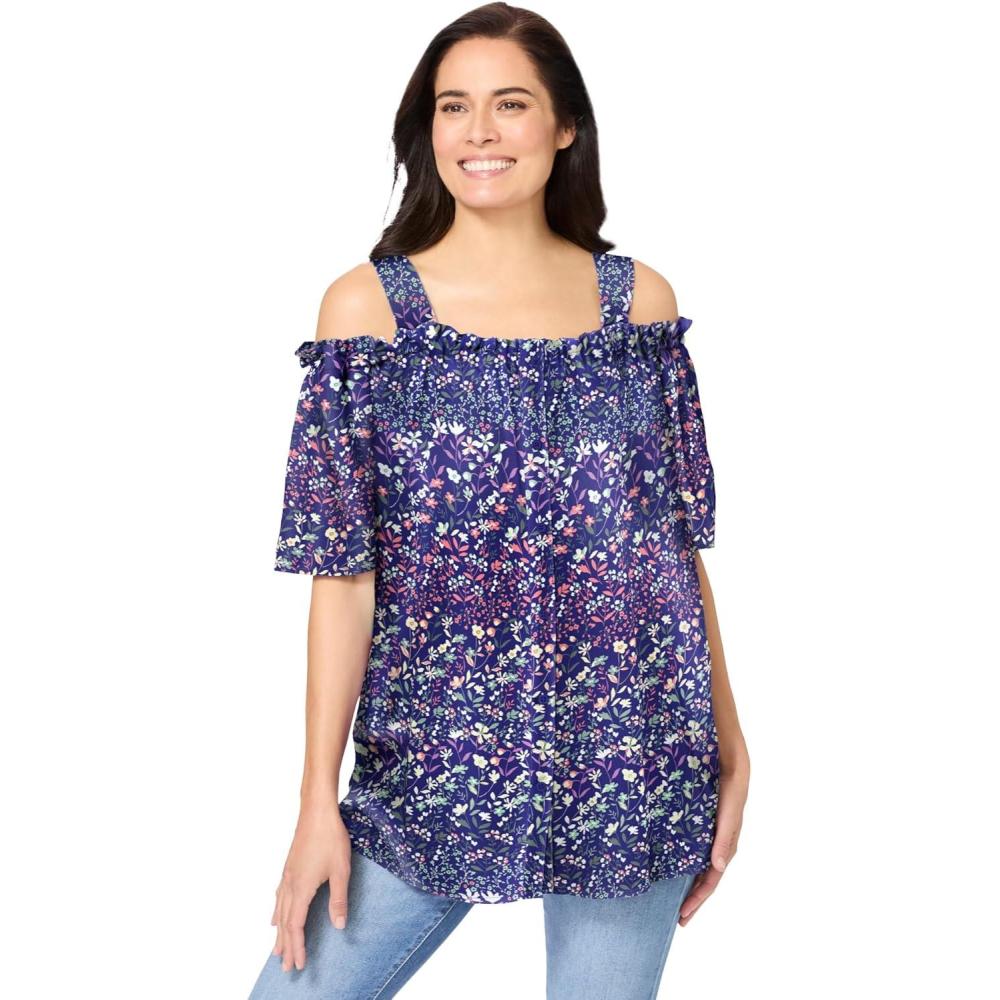 image:imageWoman Within Plus Size Printed ColdShoulder BlouseClassic Navy Garden Print