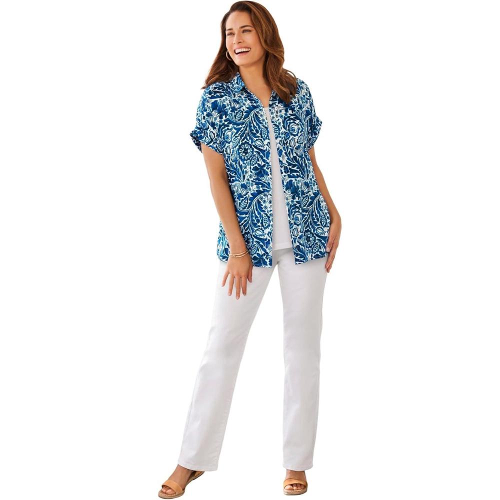 image:imageWoman Within Plus Size Relaxed CampshirtWhite Blue Batik