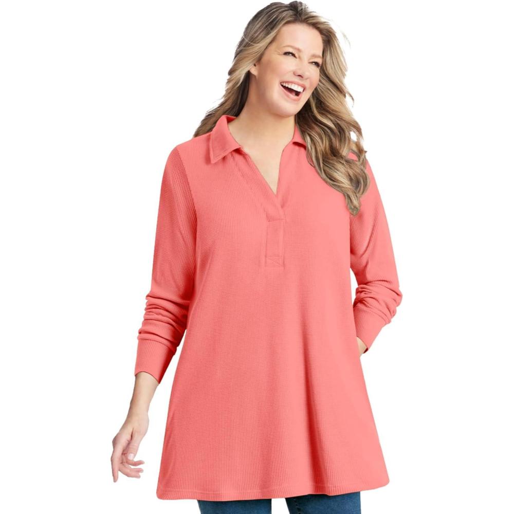 image:imageWoman Within Plus Size Relaxed WaffleThermal TunicSweet Coral