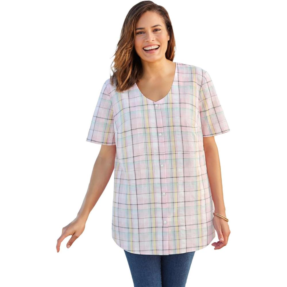 image:imageWoman Within Plus Size Seersucker Baseball ShirtPink Plaid
