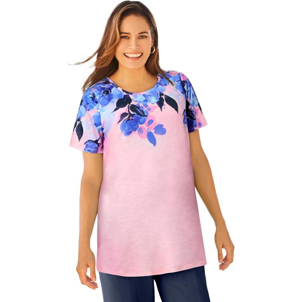 image:imageWoman Within Plus Size Short Sleeve Watercolor TunicPink Tie Dye Bloom
