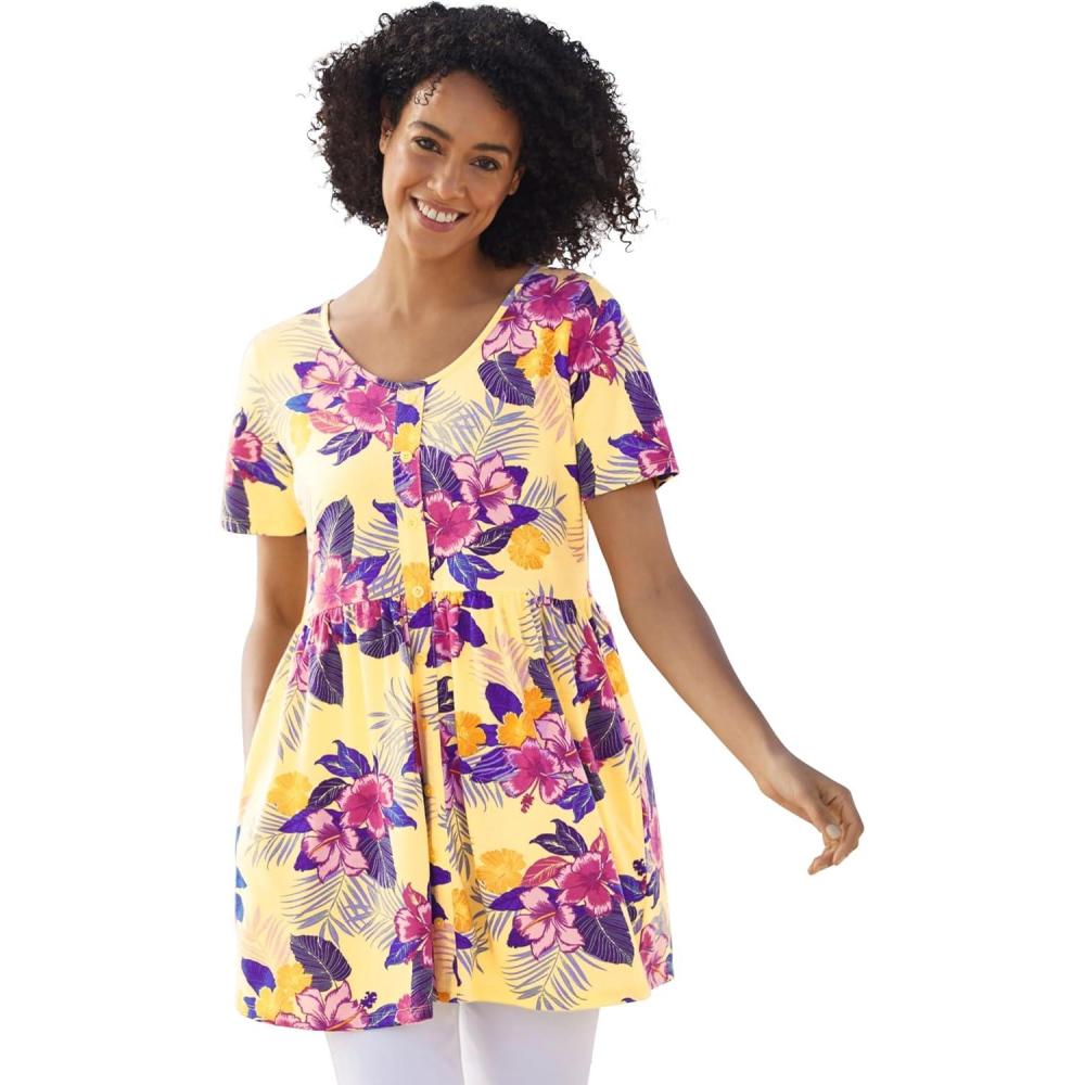 image:imageWoman Within Plus Size ShortSleeve Empire Waist TunicBanana Hibiscus Tropicana
