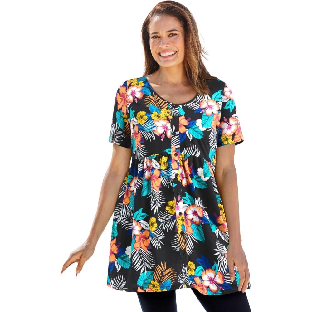 image:imageWoman Within Plus Size ShortSleeve Empire Waist TunicBlack Hibiscus Tropicana