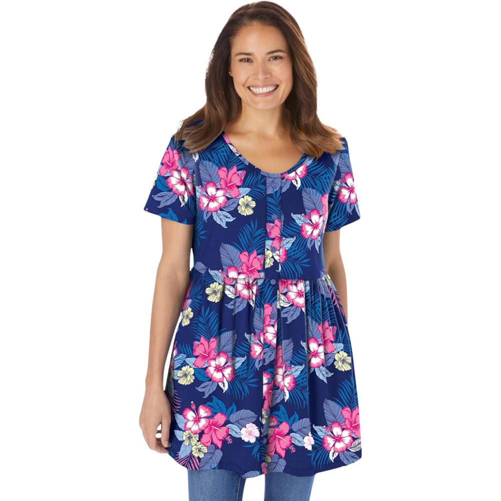 image:imageWoman Within Plus Size ShortSleeve Empire Waist TunicNavy Hibiscus Tropicana