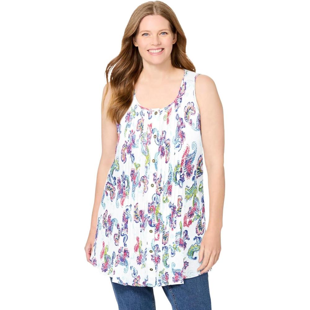 image:imageWoman Within Plus Size Sleeveless Pintuck Gauze ShirtWhite Painterly Paisley