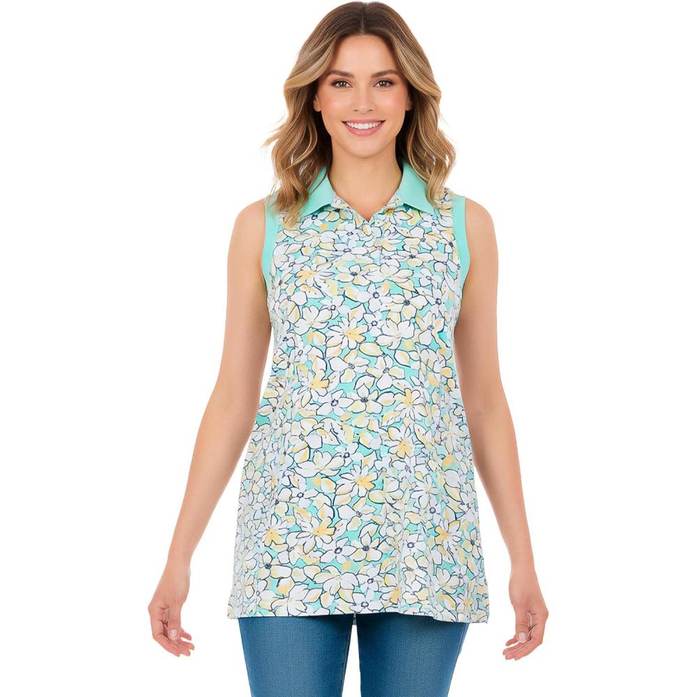 image:imageWoman Within Plus Size Sleeveless Polo TunicSeafoam Petal Bloom