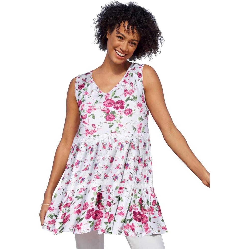 image:imageWoman Within Plus Size Tiered TankWhite Rose Floral