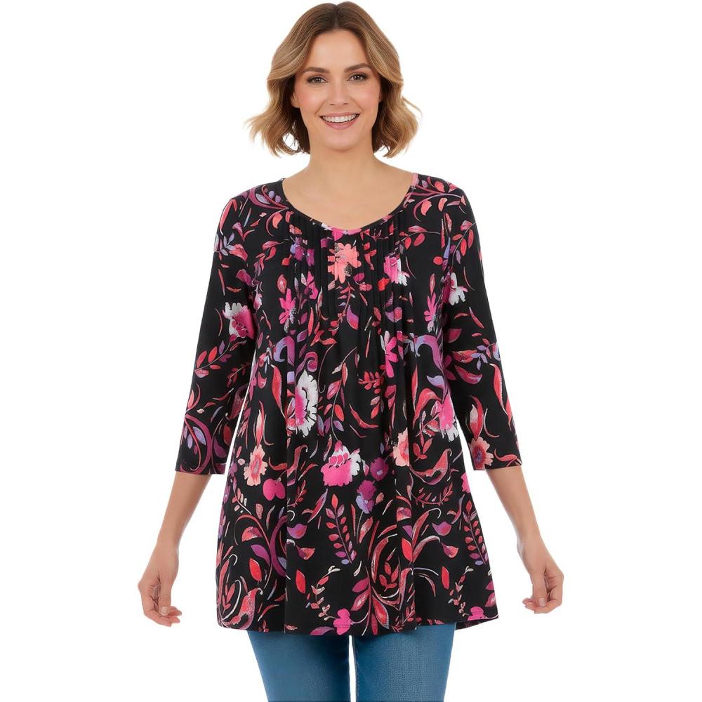 image:imageWoman Within Plus Size VNeck Pintucked TunicBlack Multi Florals