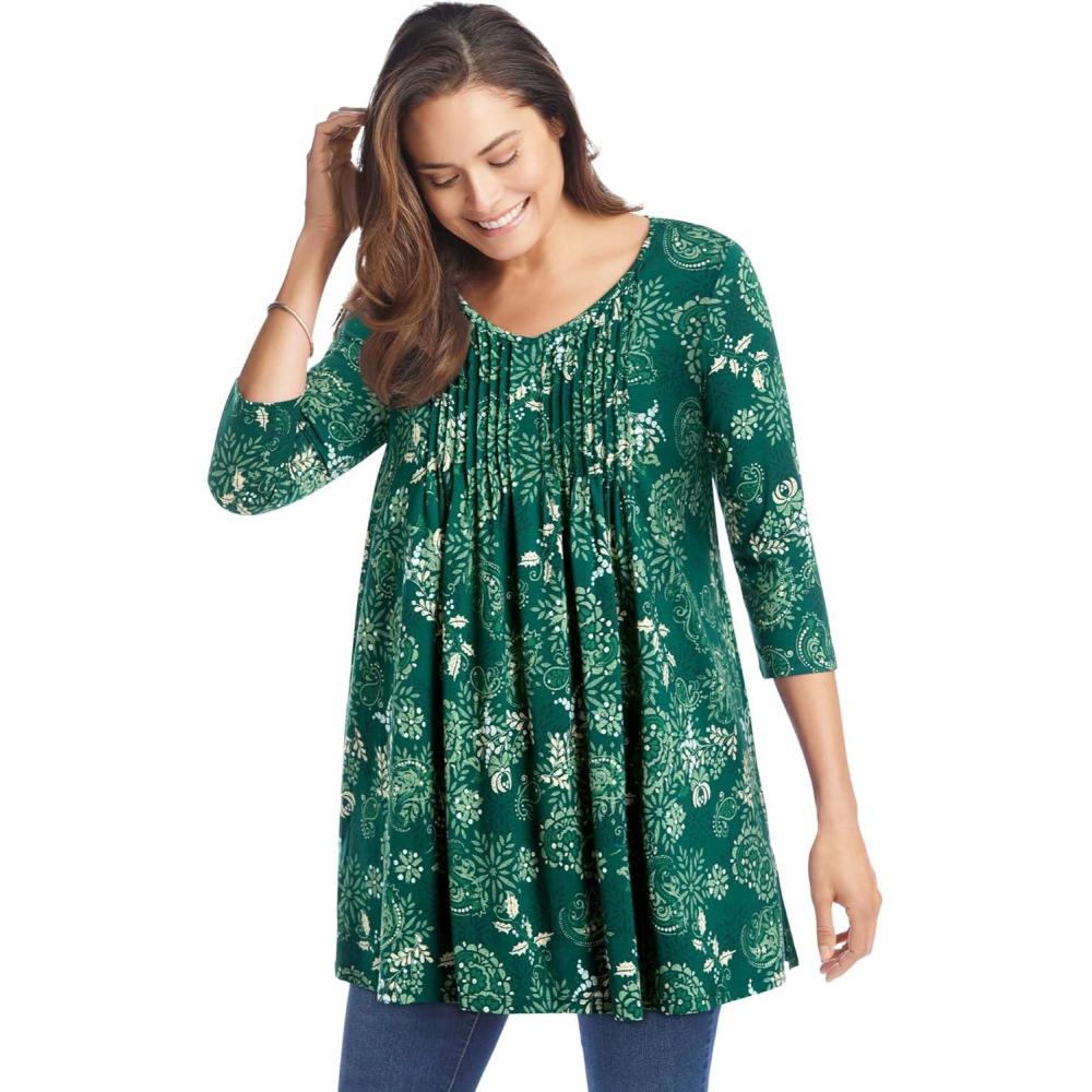 image:imageWoman Within Plus Size VNeck Pintucked TunicGreen Winter Batik