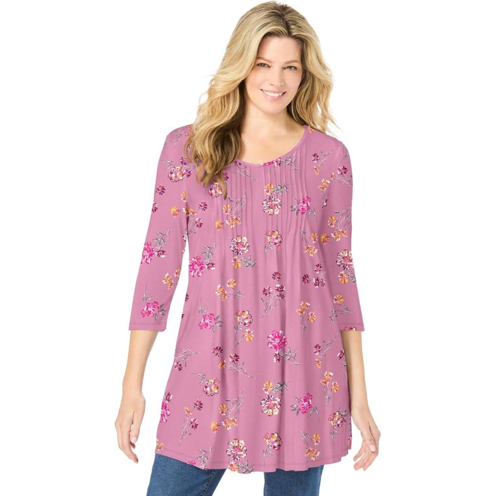 image:imageWoman Within Plus Size VNeck Pintucked TunicPink Orchid Marigold Floral