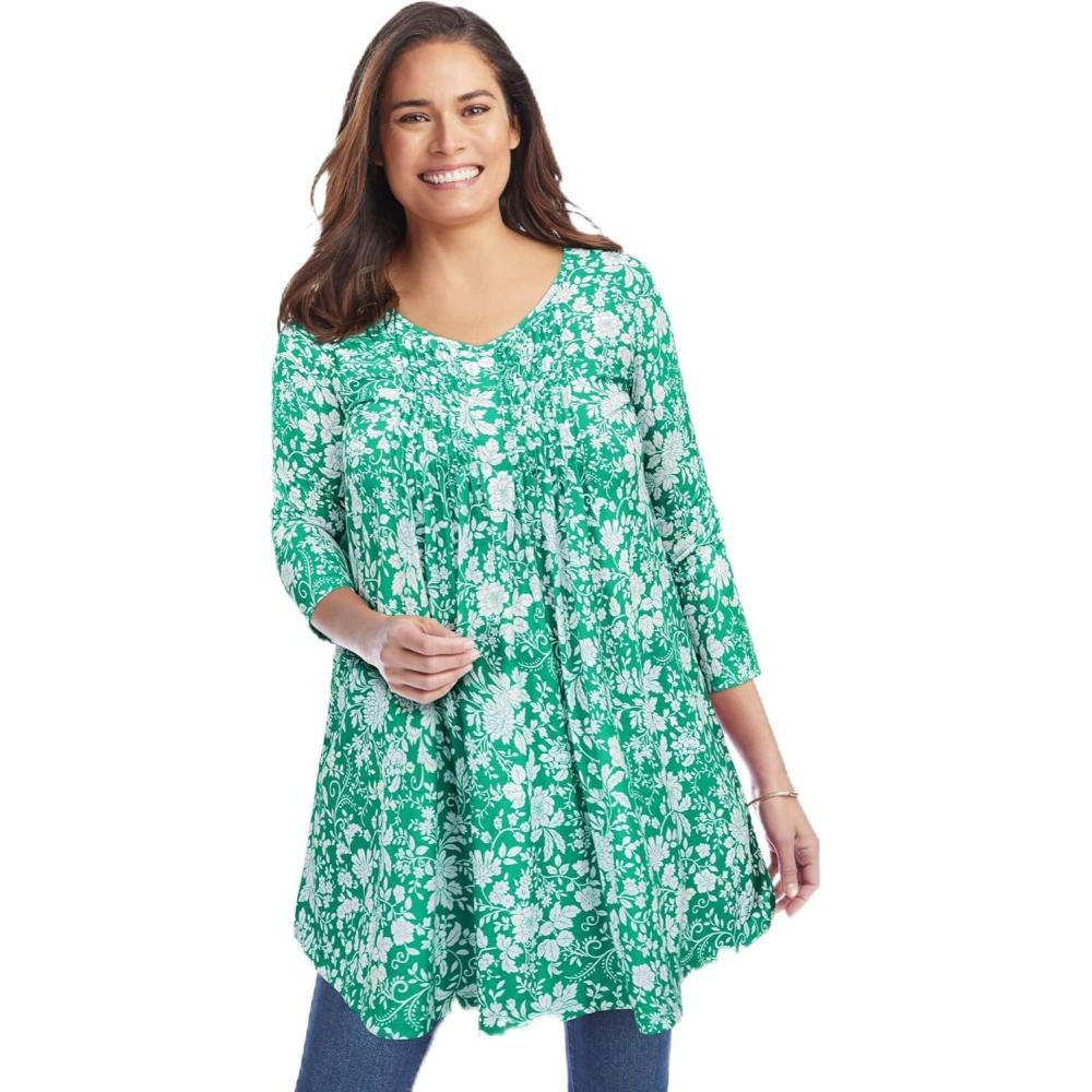 image:imageWoman Within Plus Size VNeck Pintucked TunicTropical Emerald Antique Floral