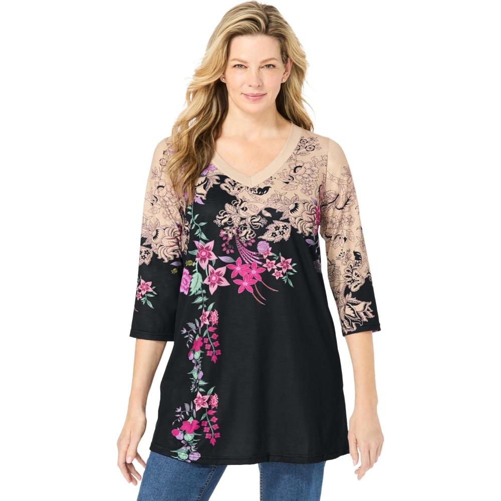 image:imageWoman Within Plus Size Watercolor TunicBlack Khaki Floral