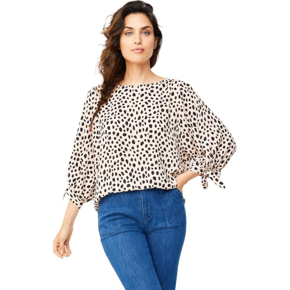 image:imageellos Plus Size 34 TieSleeve BlouseSoft Beige Black Dot