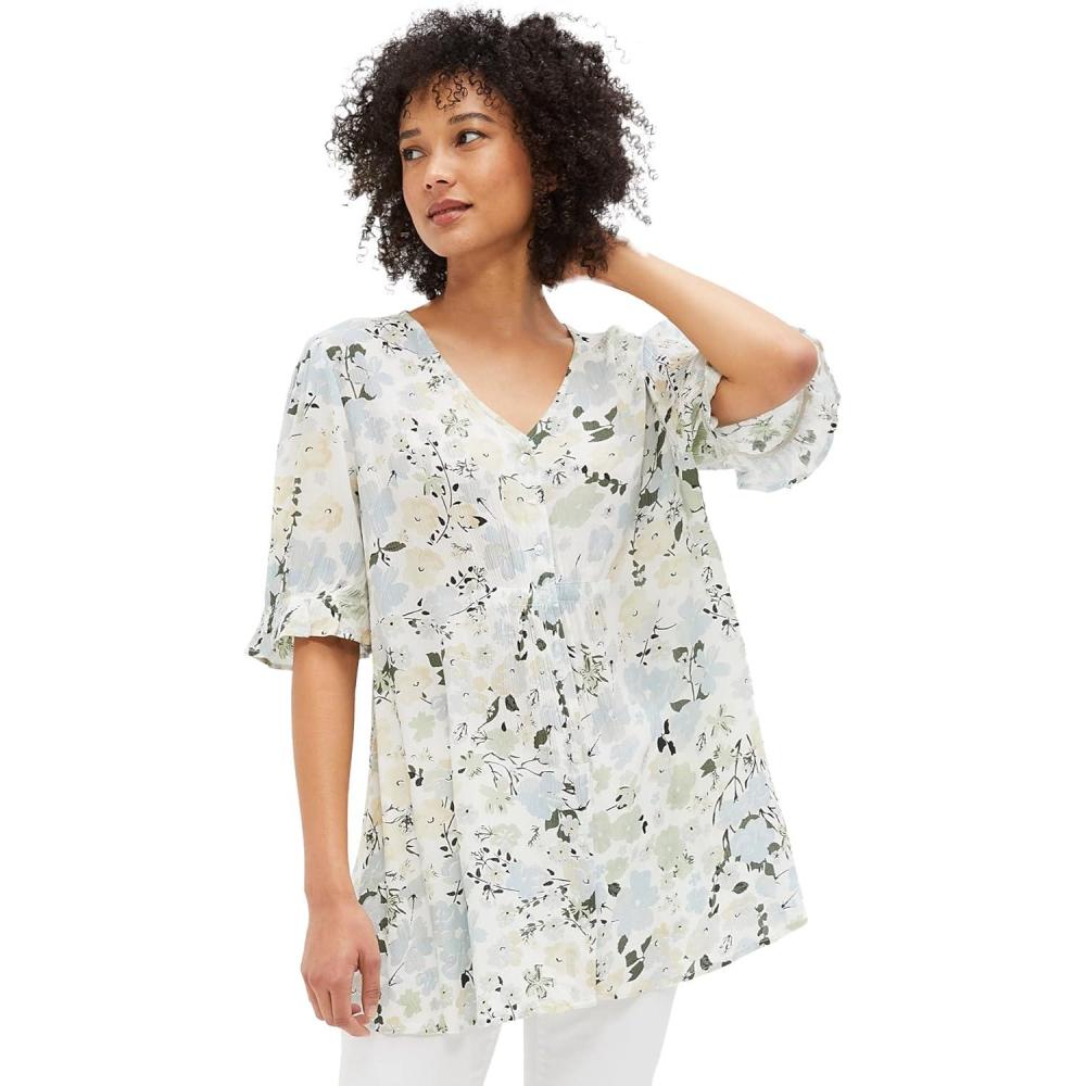 image:imageellos Plus Size Button Front Crinkle TunicWhite Aqua Sky Floral