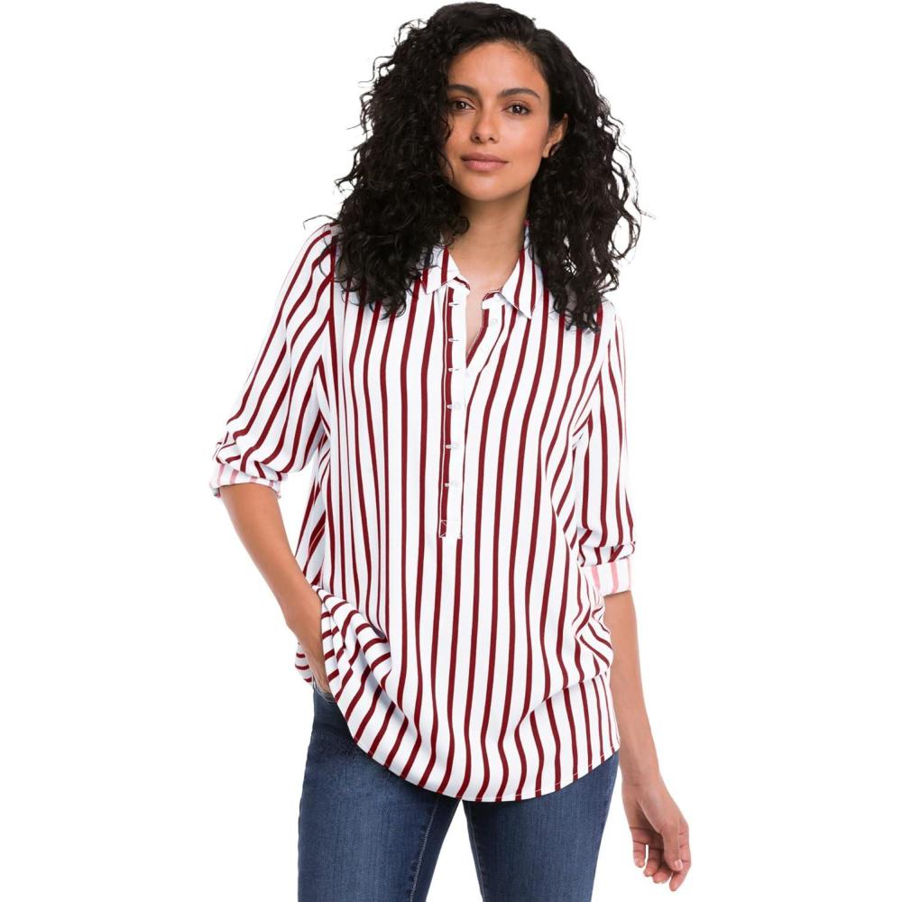 image:imageellos Plus Size Button Placket Popover TunicMaroon Red Stripe