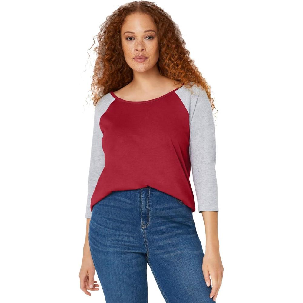 image:imageellos Plus Size Colorblock 34 Sleeve TeeMaroon Red Heather Grey