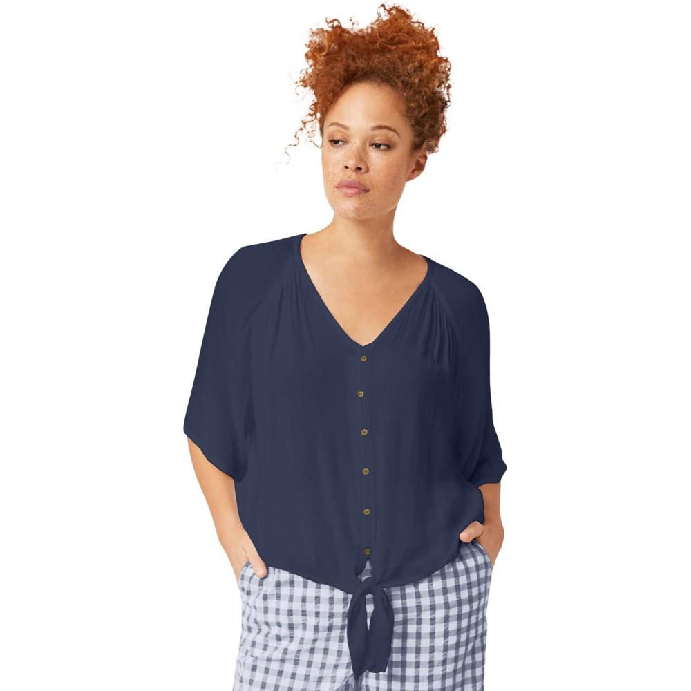 image:imageellos Plus Size Crinkle TieFront BlouseNavy