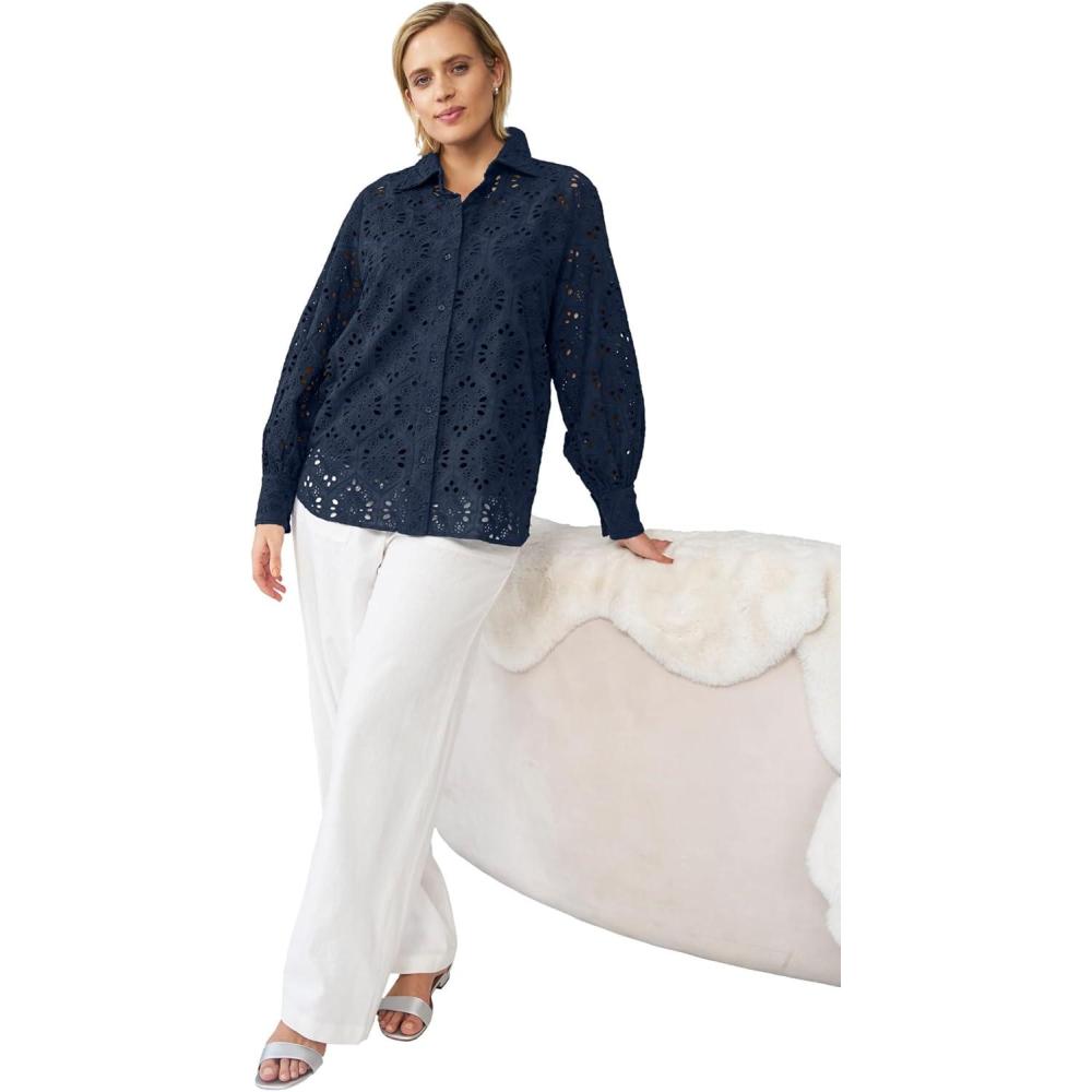 image:imageellos Plus Size Eyelet Button Front Shirt with Blouson SleevesNavy