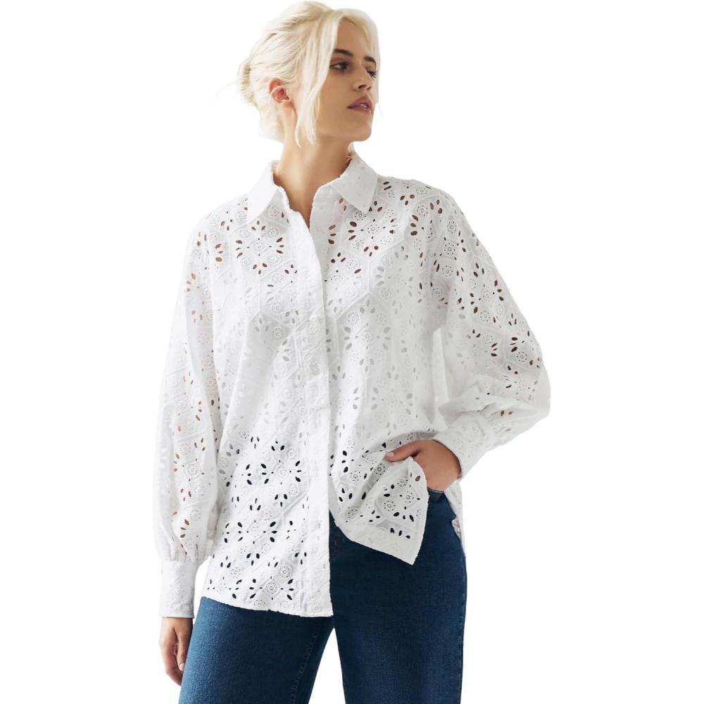 image:imageellos Plus Size Eyelet Button Front Shirt with Blouson SleevesWhite