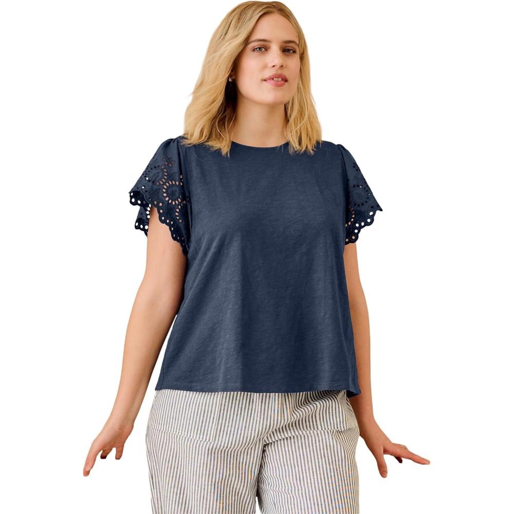 image:imageellos Plus Size Eyelet Cap Sleeve TeeNavy