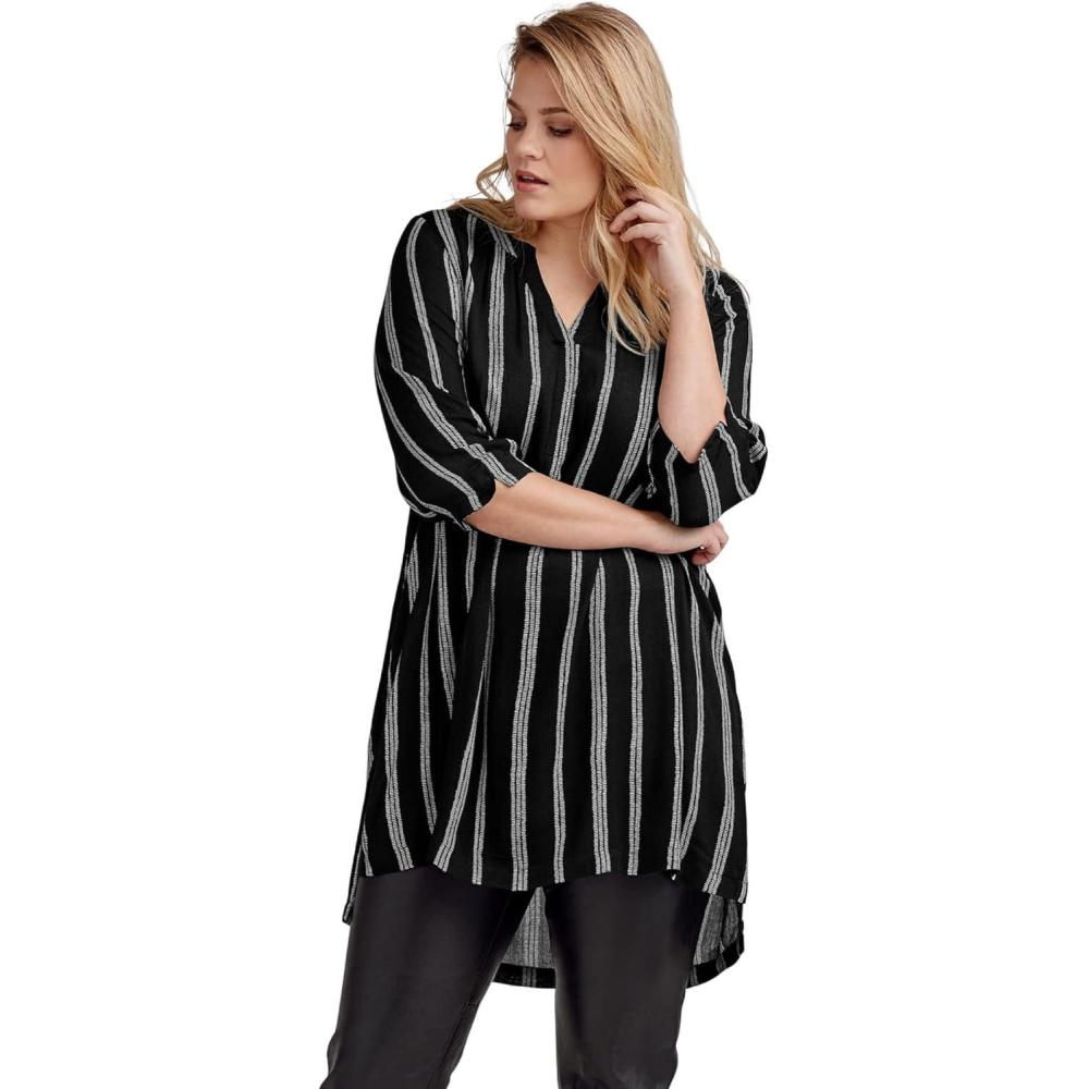 image:imageellos Plus Size Notch Neck Crinkle TunicBlack White Stripe