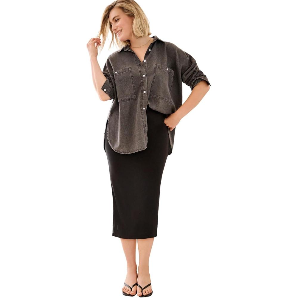 image:imageellos Plus Size Oversized ButtonFront Denim ShirtDark Grey Wash