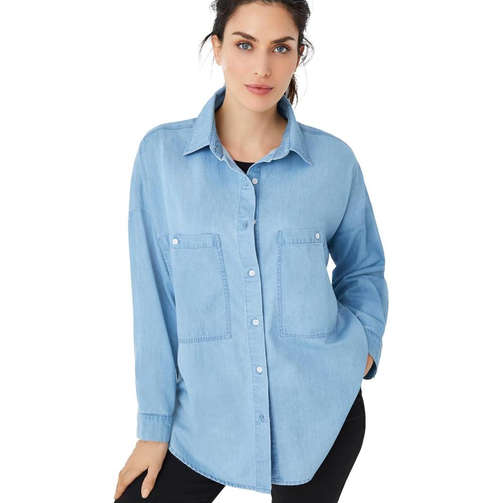 image:imageellos Plus Size Oversized ButtonFront Denim ShirtLight Stonewash