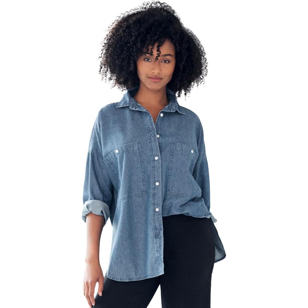 image:imageellos Plus Size Oversized ButtonFront Denim ShirtMedium Stonewash