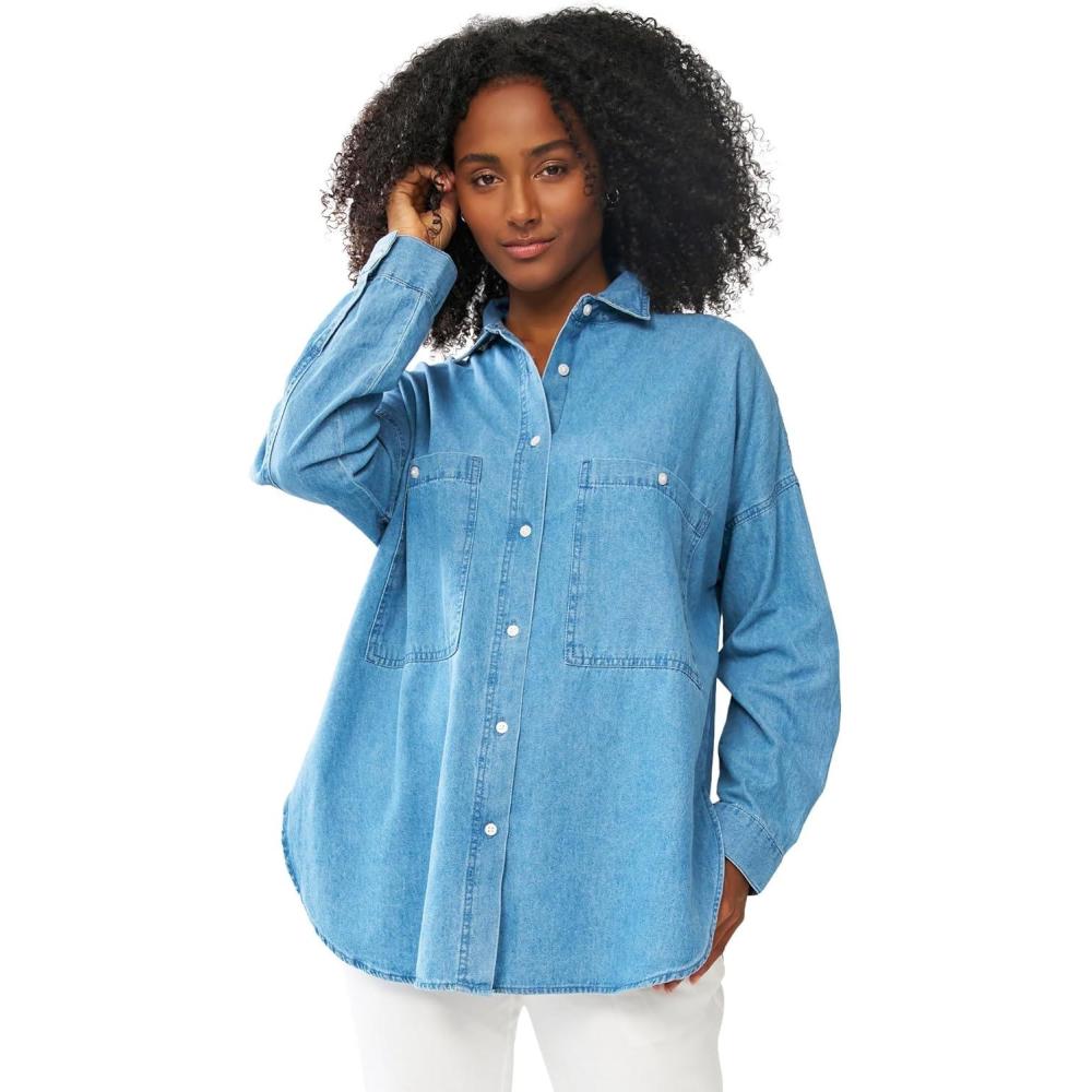 image:imageellos Plus Size Oversized ButtonFront Denim ShirtStonewash