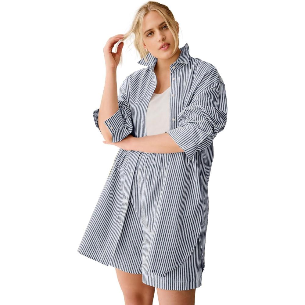 image:imageellos Plus Size Oversized LinenBlend Boyfriend ShirtNavy White Stripe