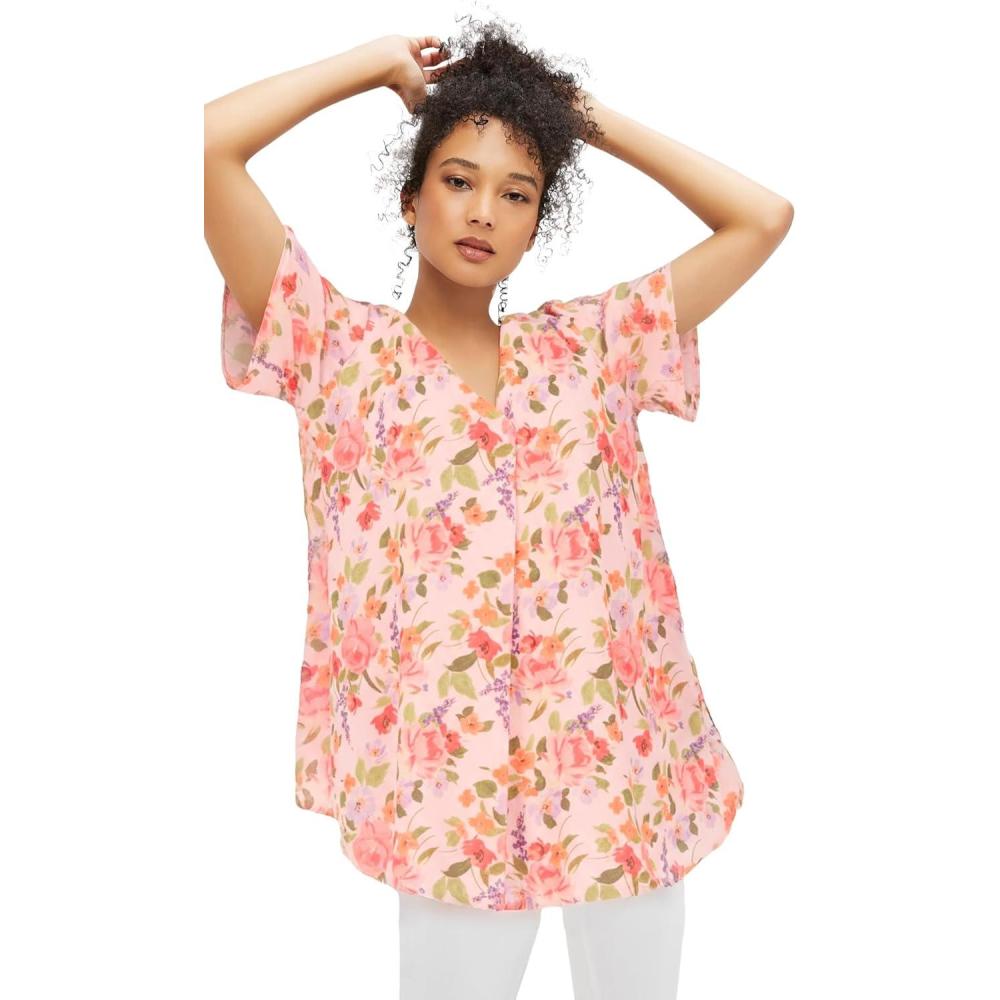 image:imageellos Plus Size Short Sleeve Inverted Pleat TunicLilac Whisper Floral