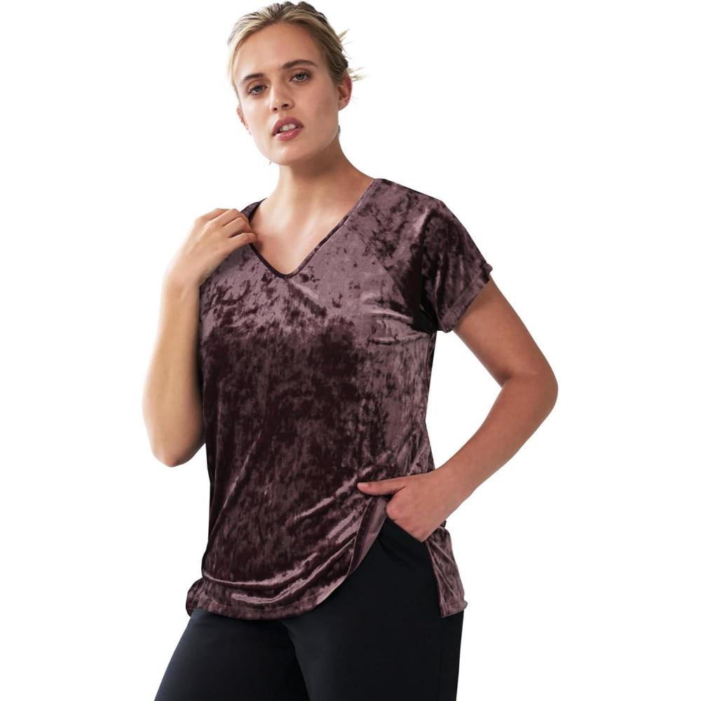 image:imageellos Plus Size Stretch Crushed Velour VNeck Short Sleeve TeeWarm Brown