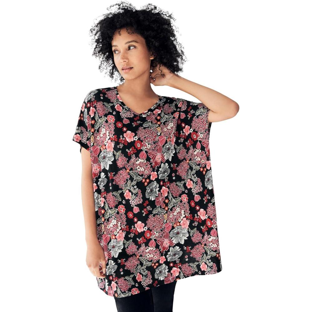 image:imageellos Plus Size Stretch Knit Scoop Neck Oversized TunicBlack Floral Print