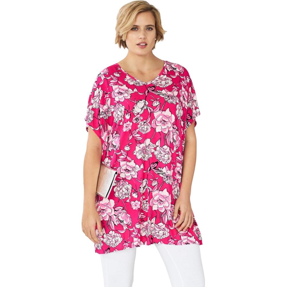 image:imageellos Plus Size Stretch Knit Scoop Neck Oversized TunicRaspberry Sorbet Floral