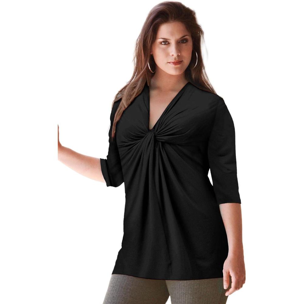 image:imageellos Plus Size Stretch Knit VNeck 34 Sleeve Knot Front TunicBlack